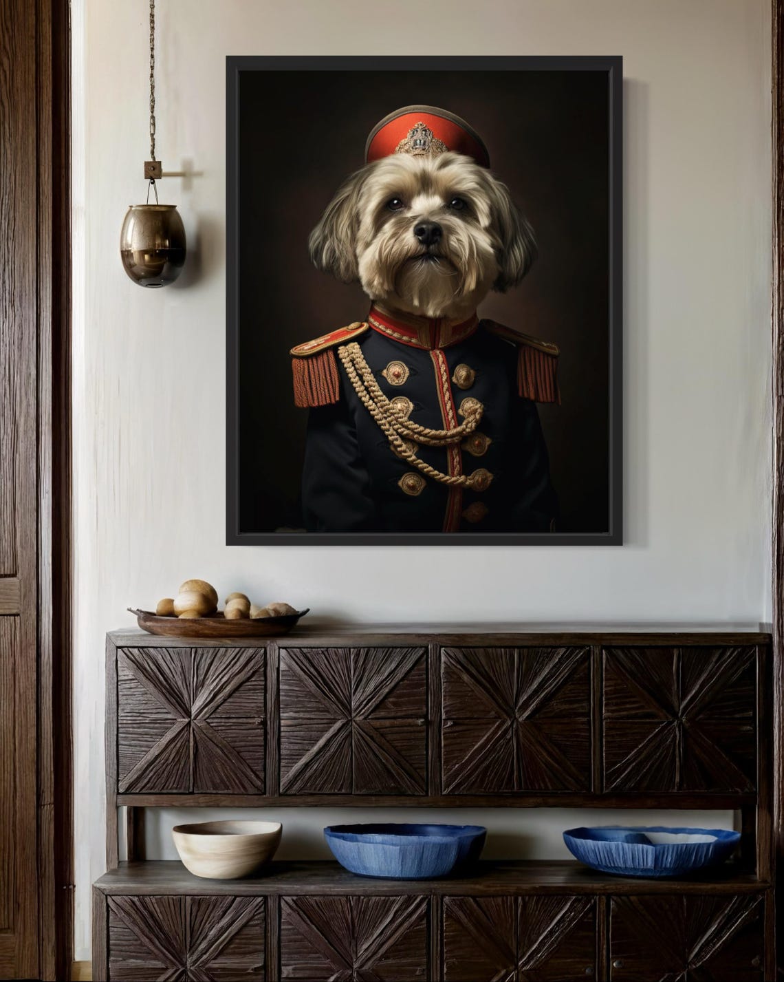 Havanese Dog in Red Cap Military Uniform Portrait Art Poster - Image 2