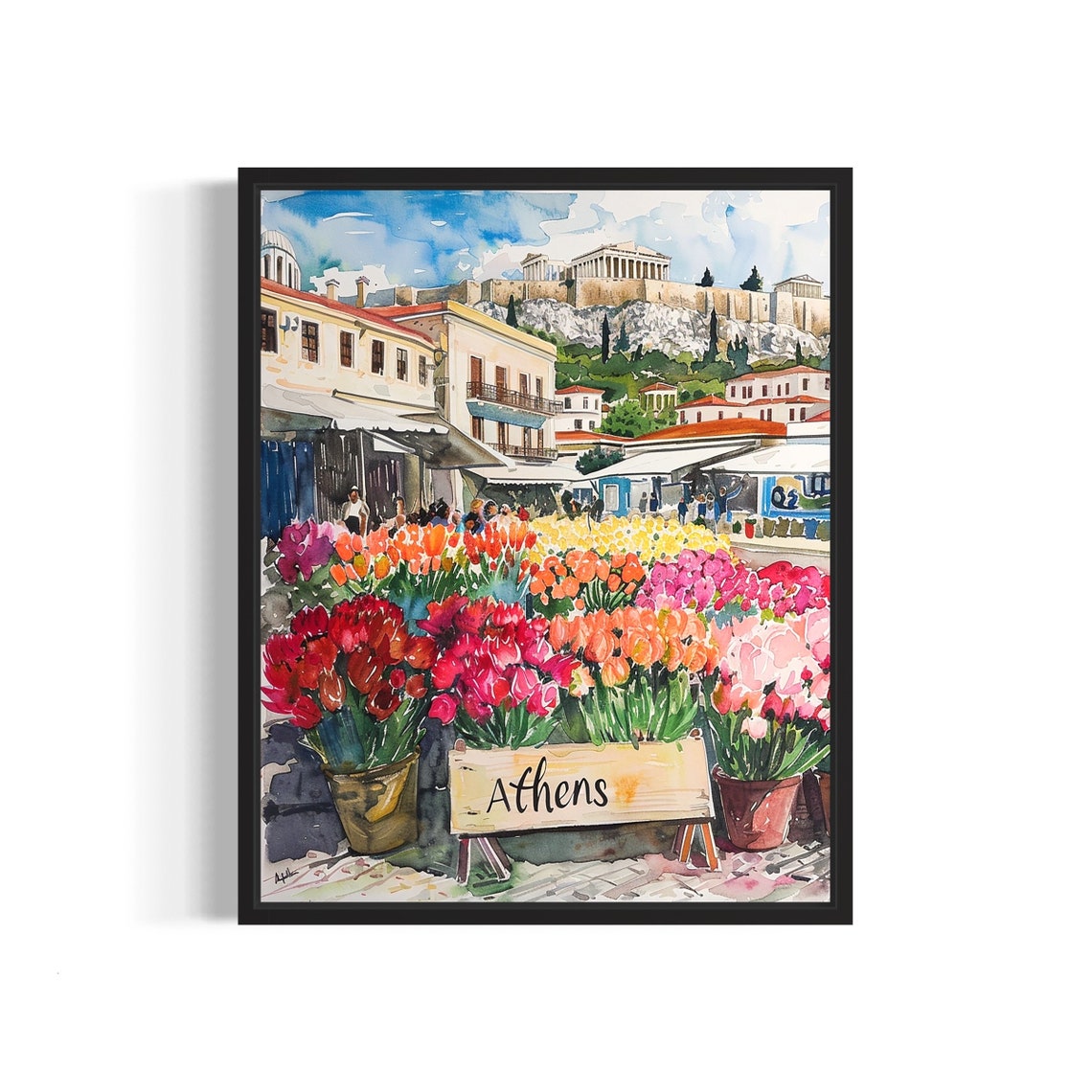 Athens Greece Parthenon Watercolor Flower Market Scene Poster