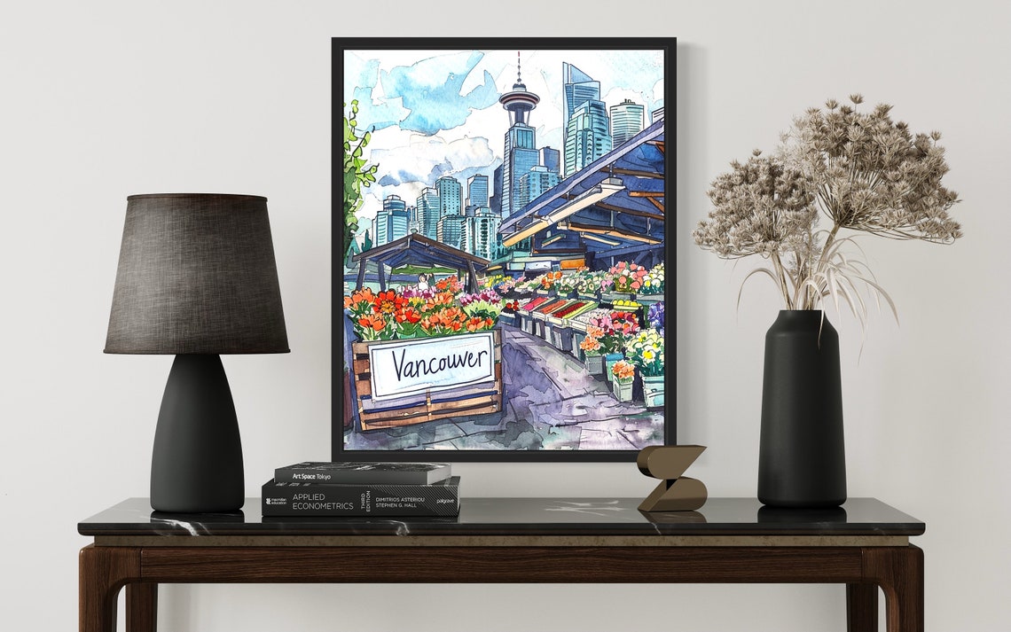 Vancouver Canada Flower Market Watercolor Downtown Skyline Poster - Image 2