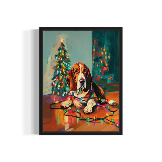 Basset Hound Lying Under Glowing Christmas Lights Holiday Tree Poster