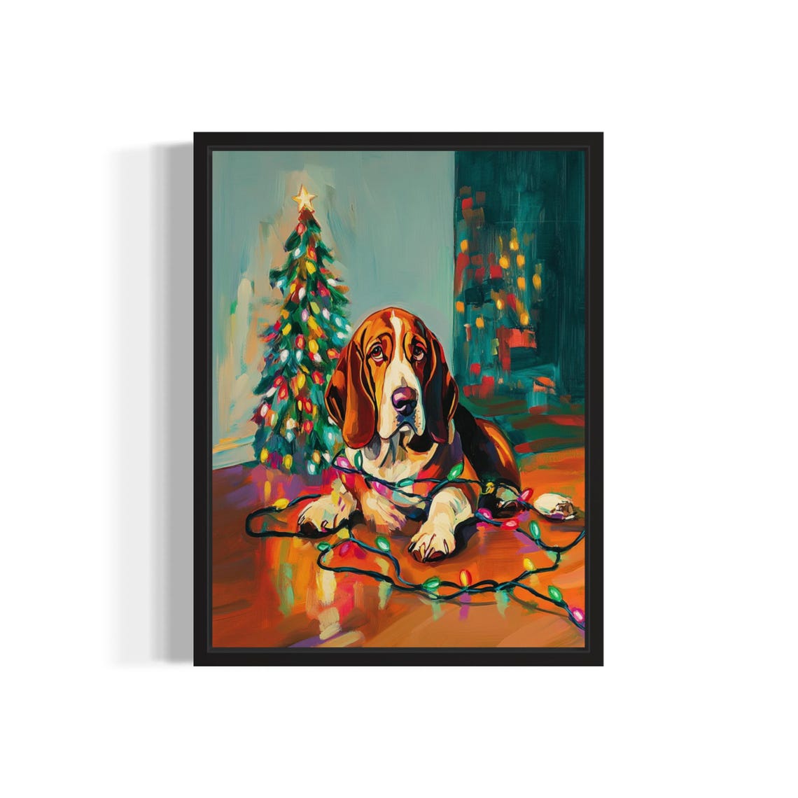 Basset Hound Lying Under Glowing Christmas Lights Holiday Tree Poster