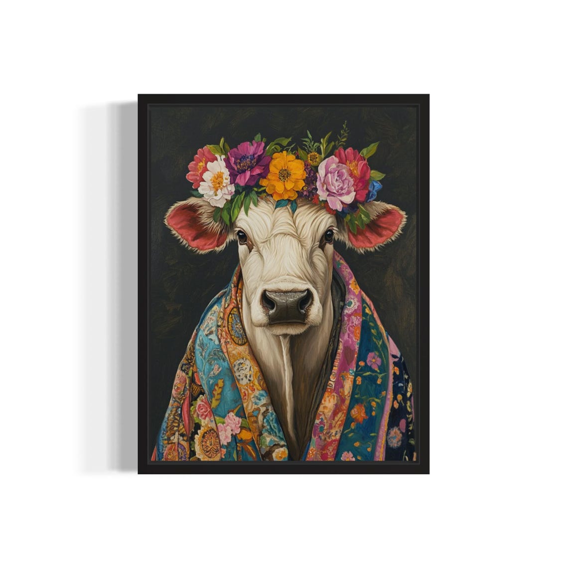White Ox With Colorful Flower Crown In Teal Floral Kimono Art Print