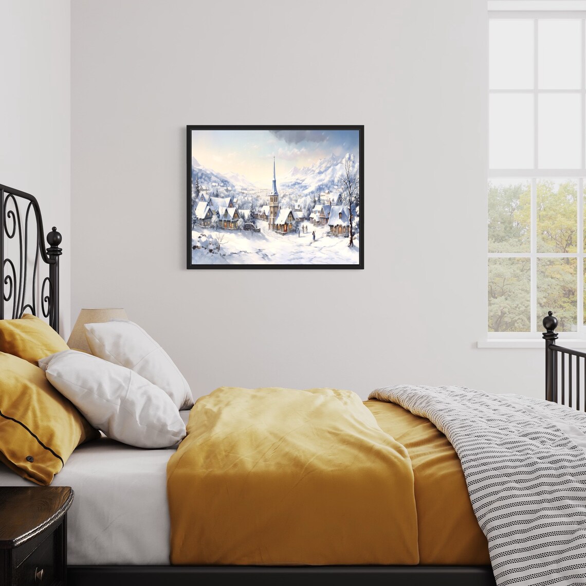 Snowy Winter Village With Church Steeple Mountain Painting Poster - Image 2