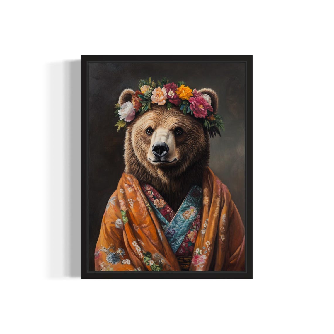 Brown Bear Poster Art Print Animal Flowers In Kimono Wall Art Decor Painting Artwork