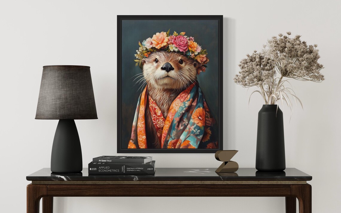 Sea Otter Wearing Floral Kimono and Flower Crown Portrait Poster - Image 2