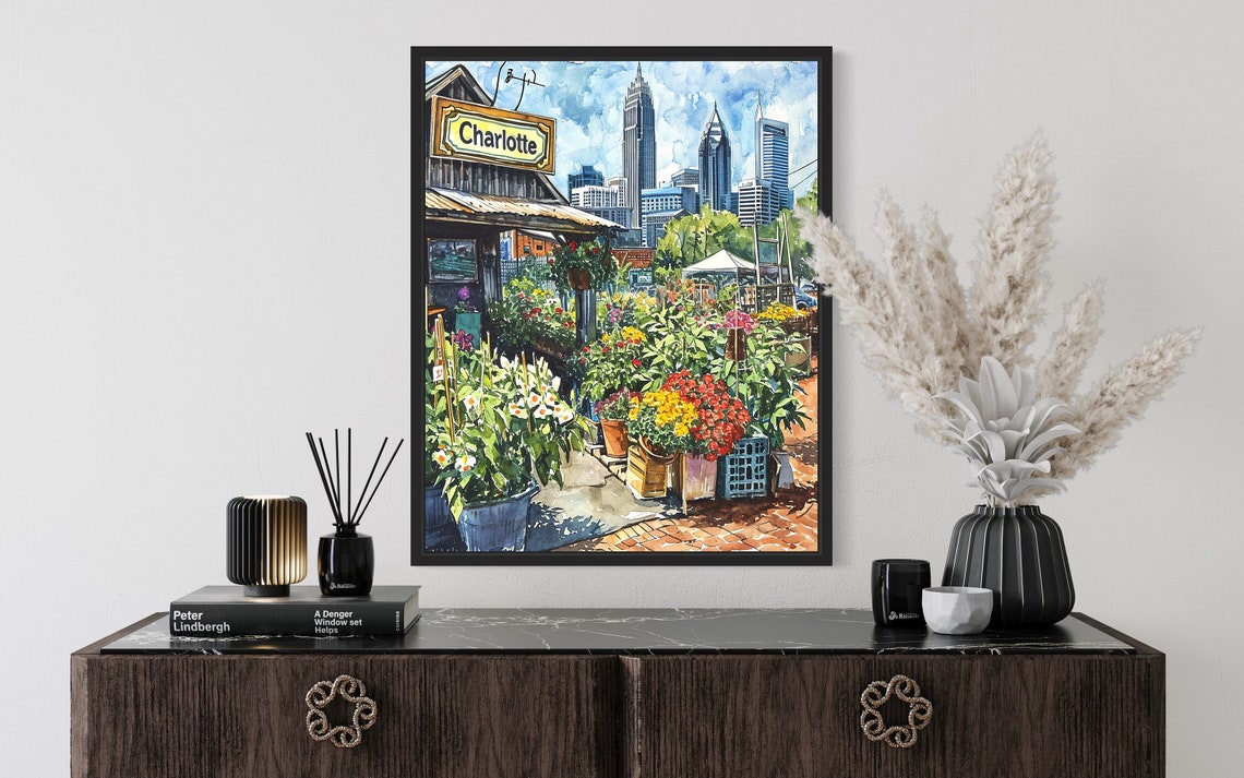 Charlotte North Carolina Skyline Watercolor Flower Scene Poster - Image 2