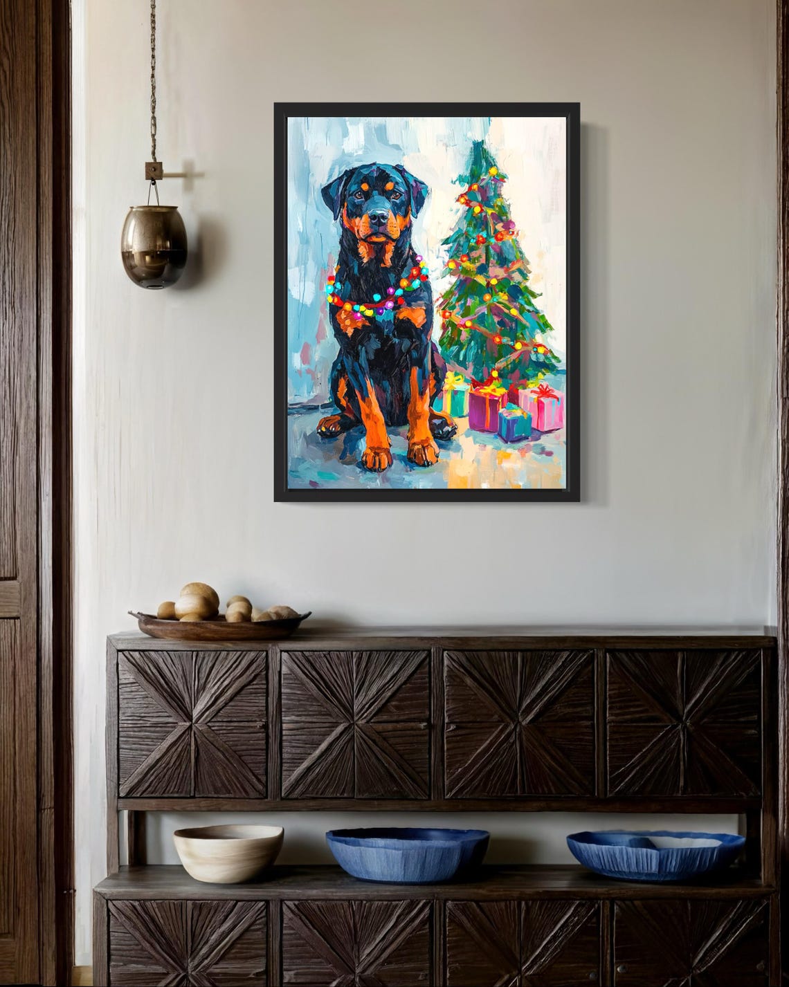 Rottweiler Dog Wrapped in Bright Christmas Lights Holiday Poster - Image 2