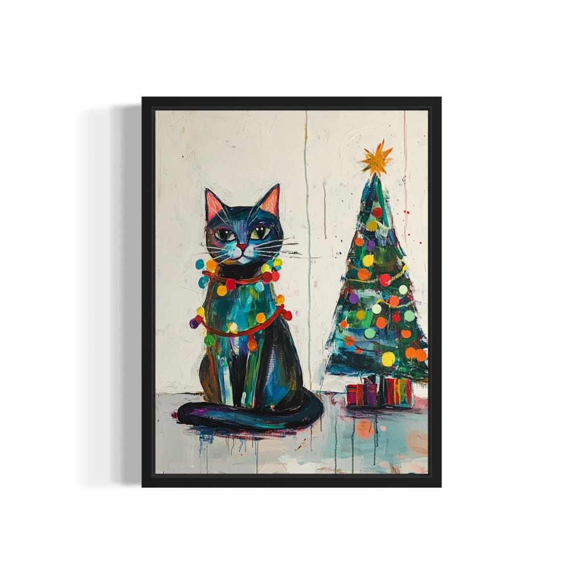 Black Cat Tangled In Christmas Lights Holiday Tree Poster Artwork