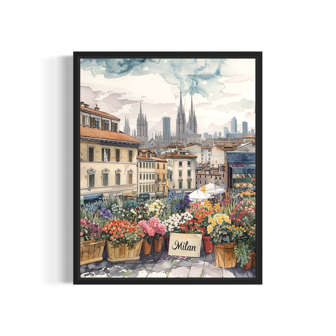Milan Flower Market Watercolor Poster Blooming Piazza Cathedral Spires