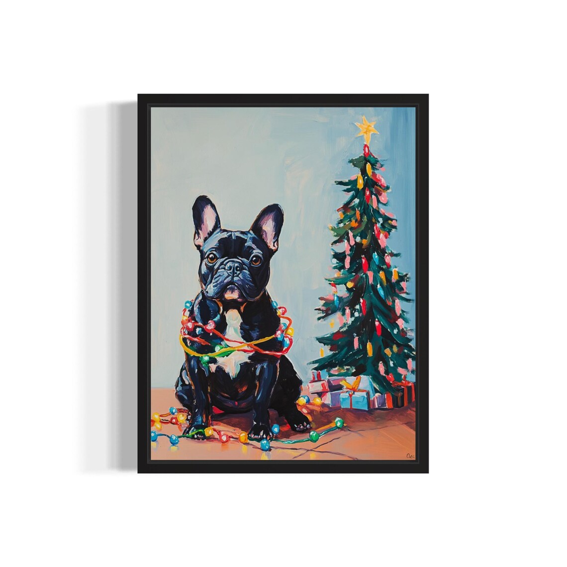 French Bulldog Dog Tangled In Christmas Lights Poster Art Print Animals Wall Art Painting Decor Holiday Season Xmas Posters