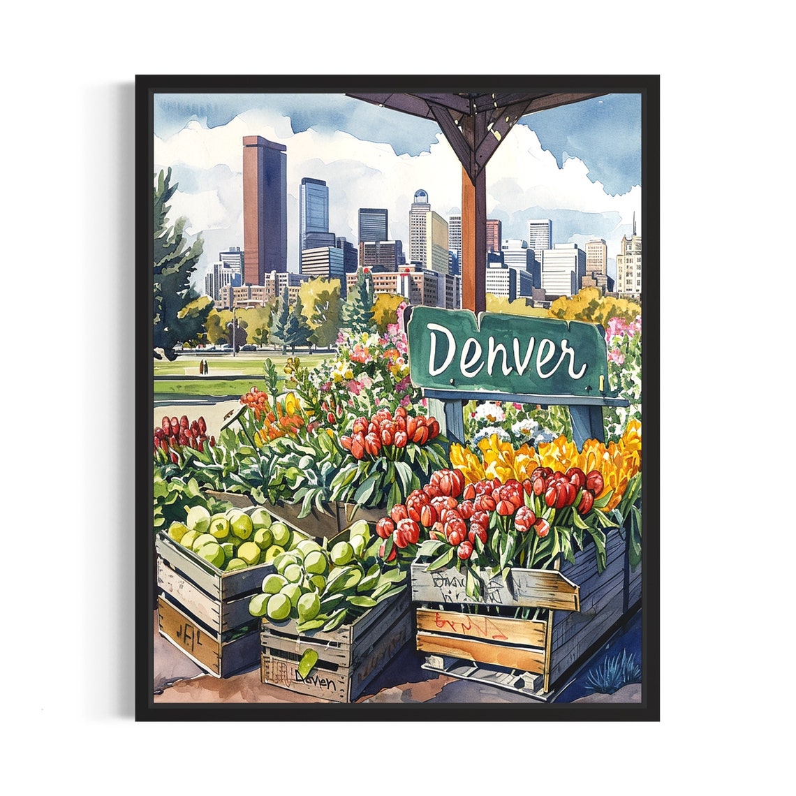 Denver Colorado Skyline Watercolor Flower Market Scene Poster