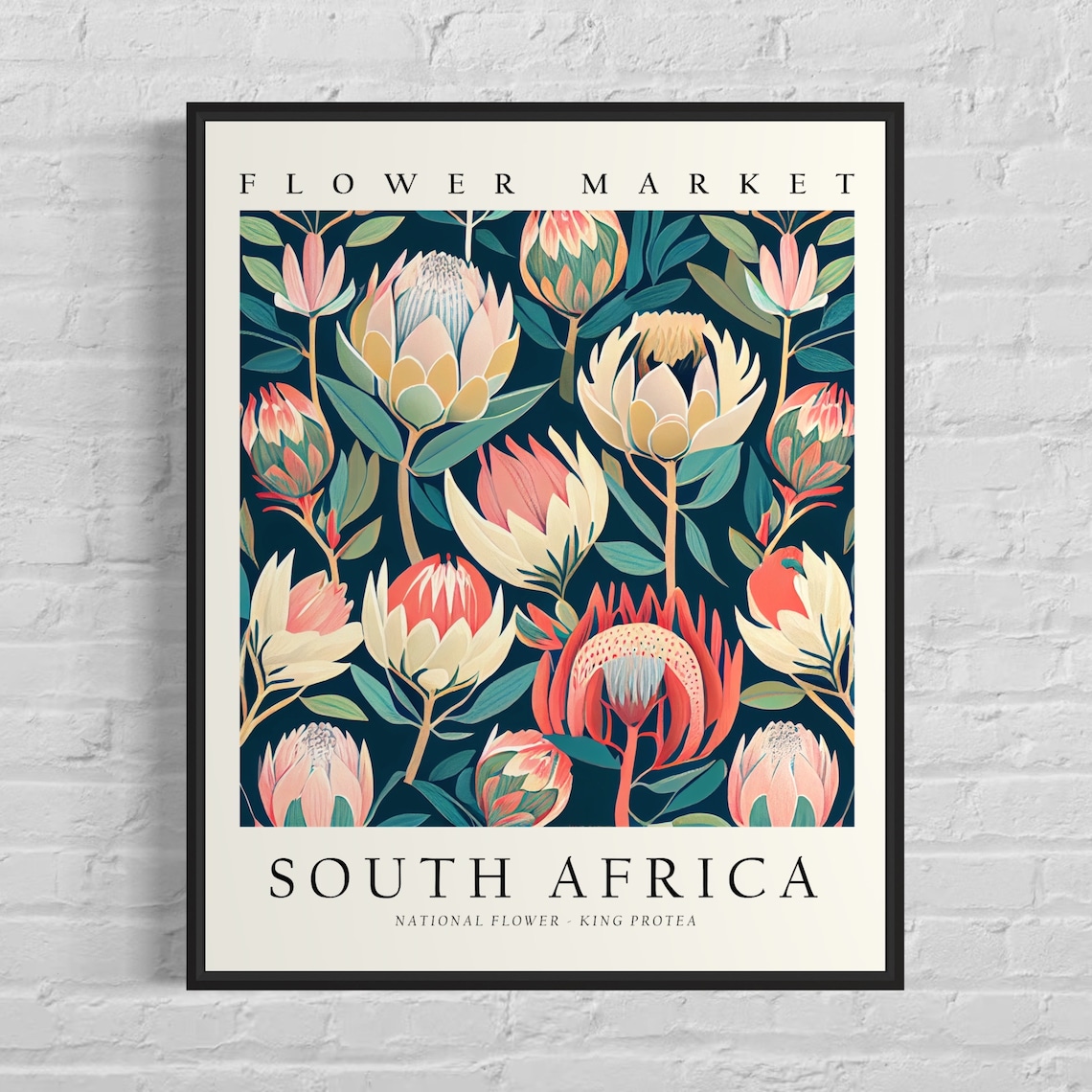 King Protea Flower Market Art Print, 1960s Style