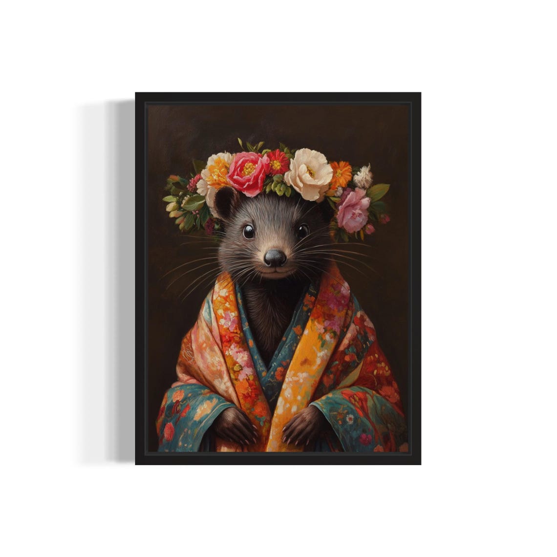 Mink Portrait With Colorful Flower Crown In Floral Kimono Art Print