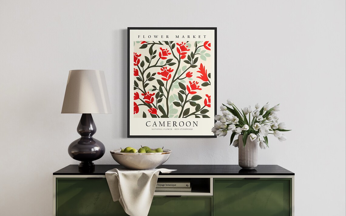 Cameroon Flower Market National Red Stinkwood Floral Vintage Poster - Image 2