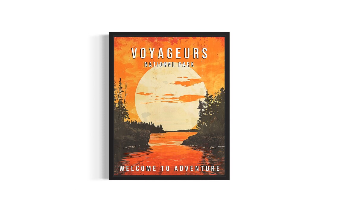 Voyageurs National Park Minnesota Moonrise Lake Sunset Vintage Poster
