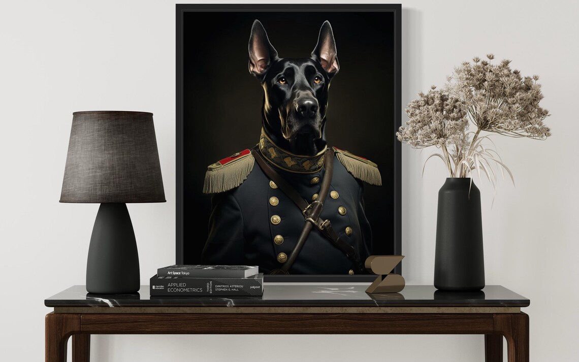 Black Great Dane Dog in Military General Uniform Portrait Poster - Image 2