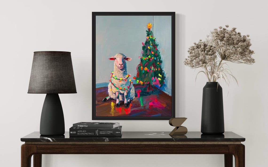 White Sheep Wrapped in Bright Christmas Lights Holiday Poster - Image 3