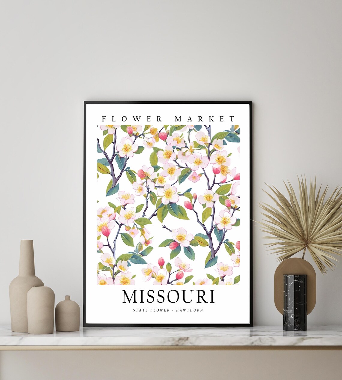 Missouri State Flower Hawthorn, Neutral Botanical Art Print - Image 3