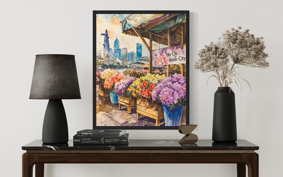 Ho Chi Minh City Skyline Watercolor Flower Market Scene Poster - Image 2