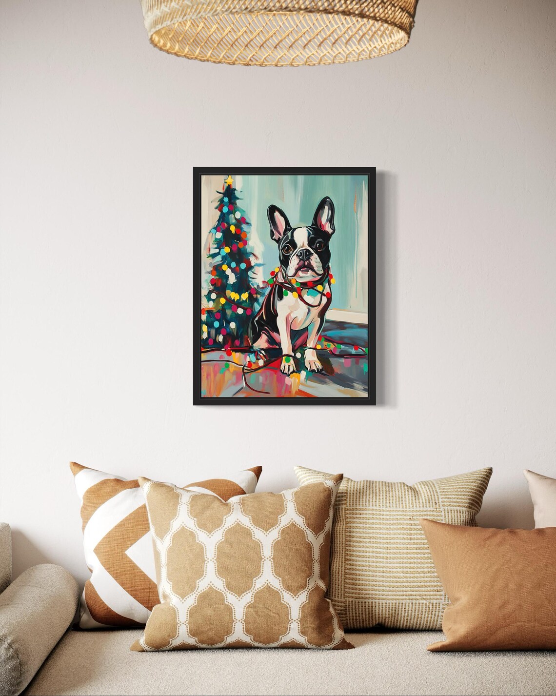 Boston Terrier Tangled In Christmas Lights Art Print - Image 2