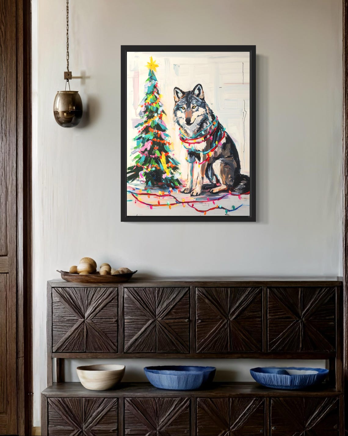 Gray Wolf Sitting Beside Christmas Tree with Colorful Lights Poster - Image 3