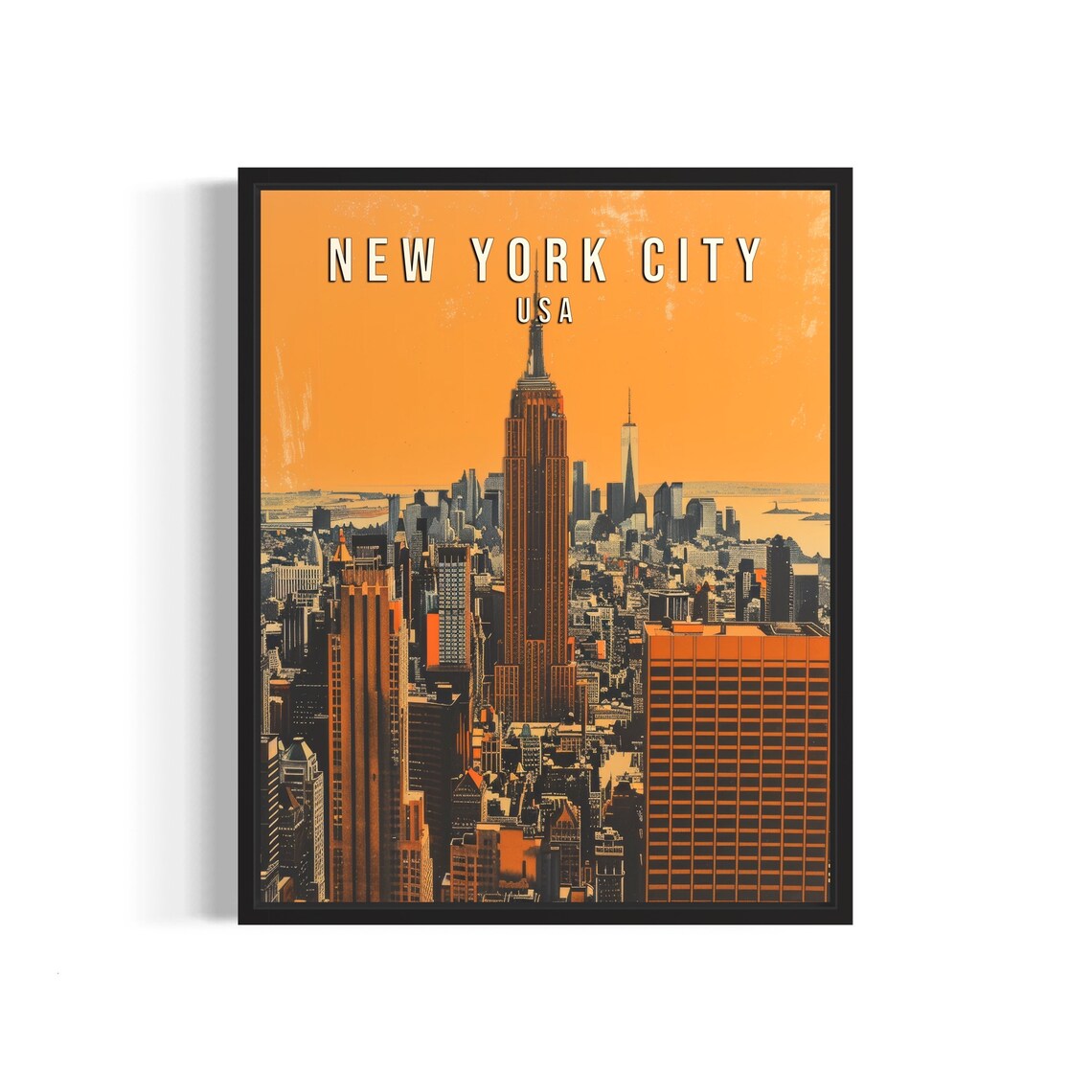 New York City USA Retro Skyline Travel Poster Orange Sunset Art