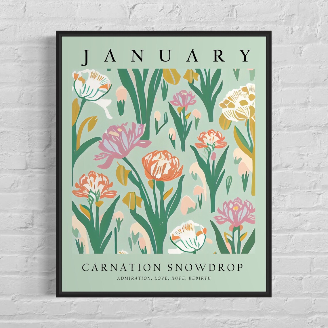 January Flower Market Poster, Carnation and Snowdrop