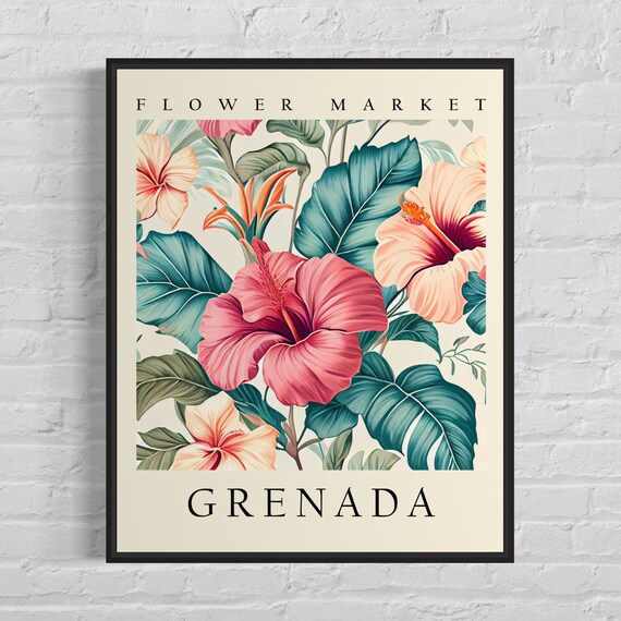 Grenada Flower Market Art Print Grenada Flower Hibiscus Wall Art Botanical Pastel Artwork