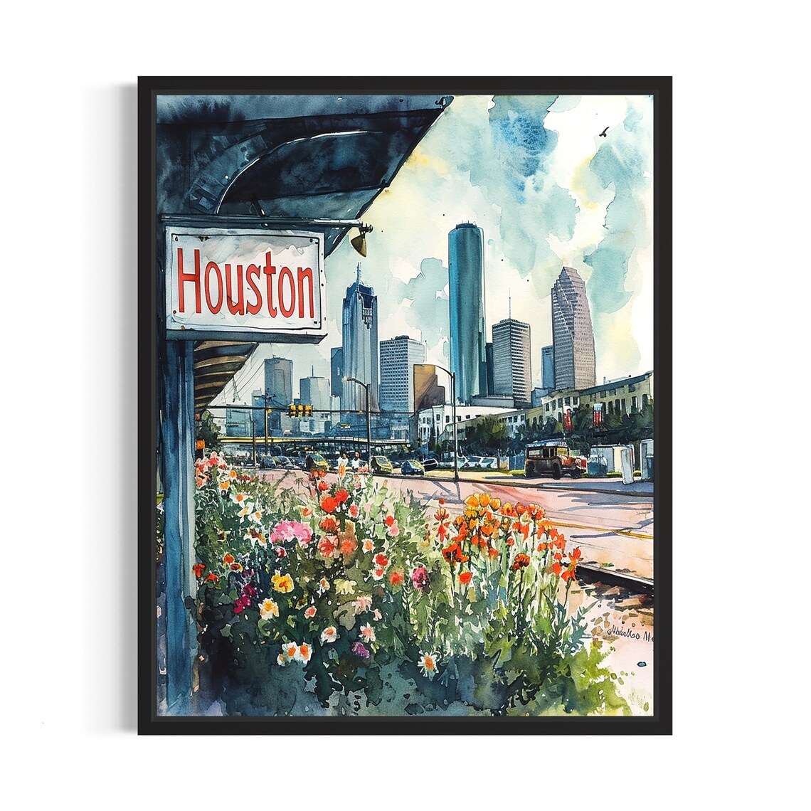 Houston Texas Skyline Watercolor Wildflower Scene Art Poster