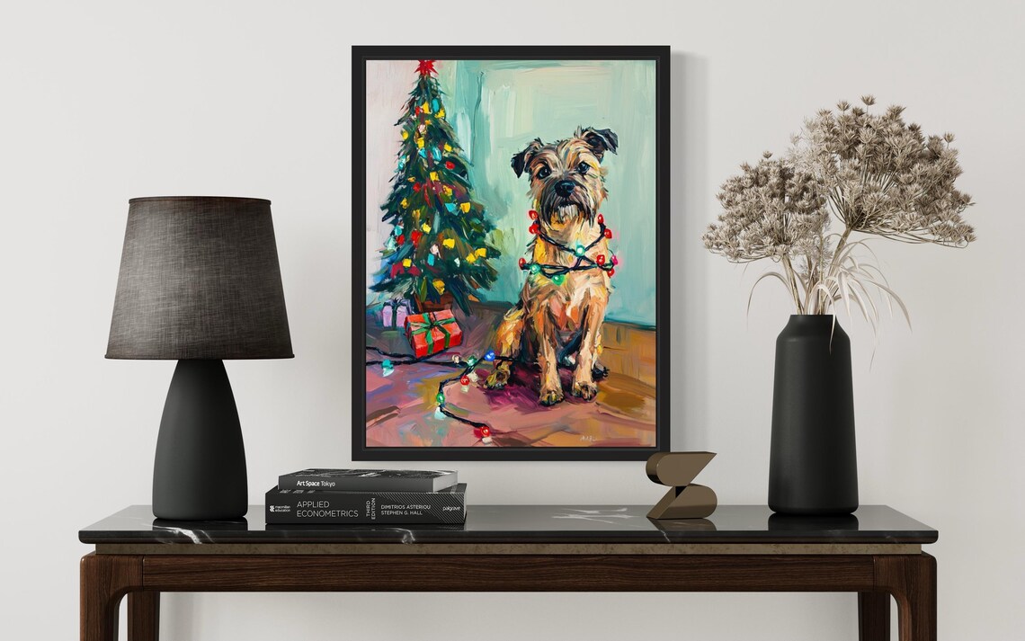 Border Terrier Dog Wrapped in Red Christmas Lights Holiday Poster - Image 3