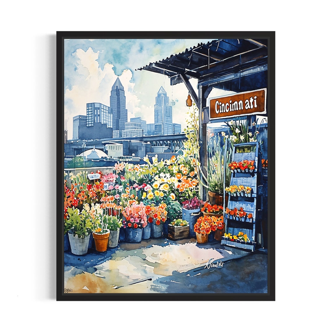 Cincinnati Flower Market Watercolor Poster Riverfront Skyline View