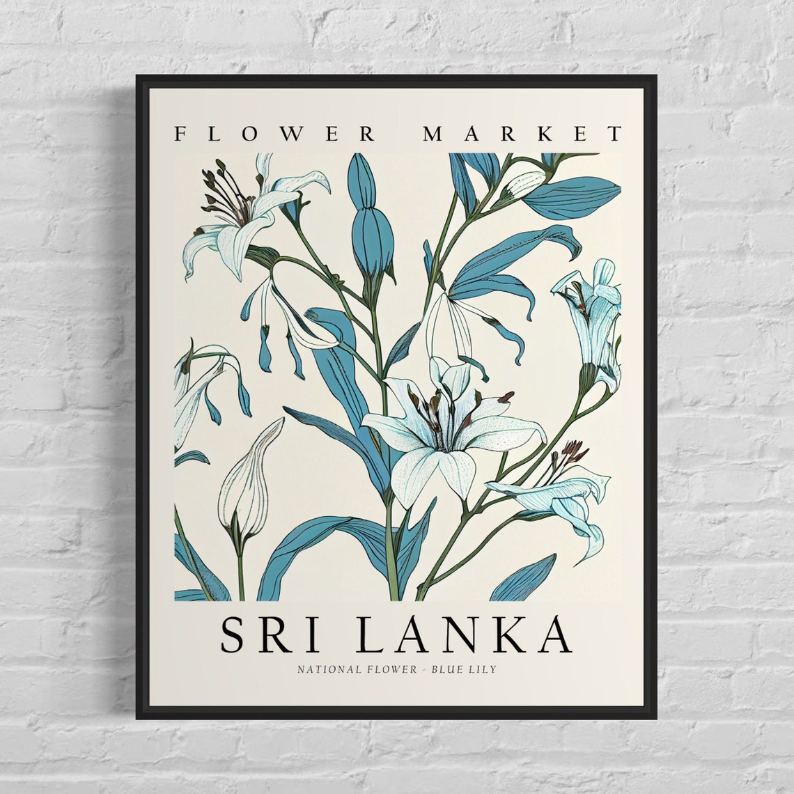 Sri Lanka Flower Market Blue Lily Botanical Illustration Poster