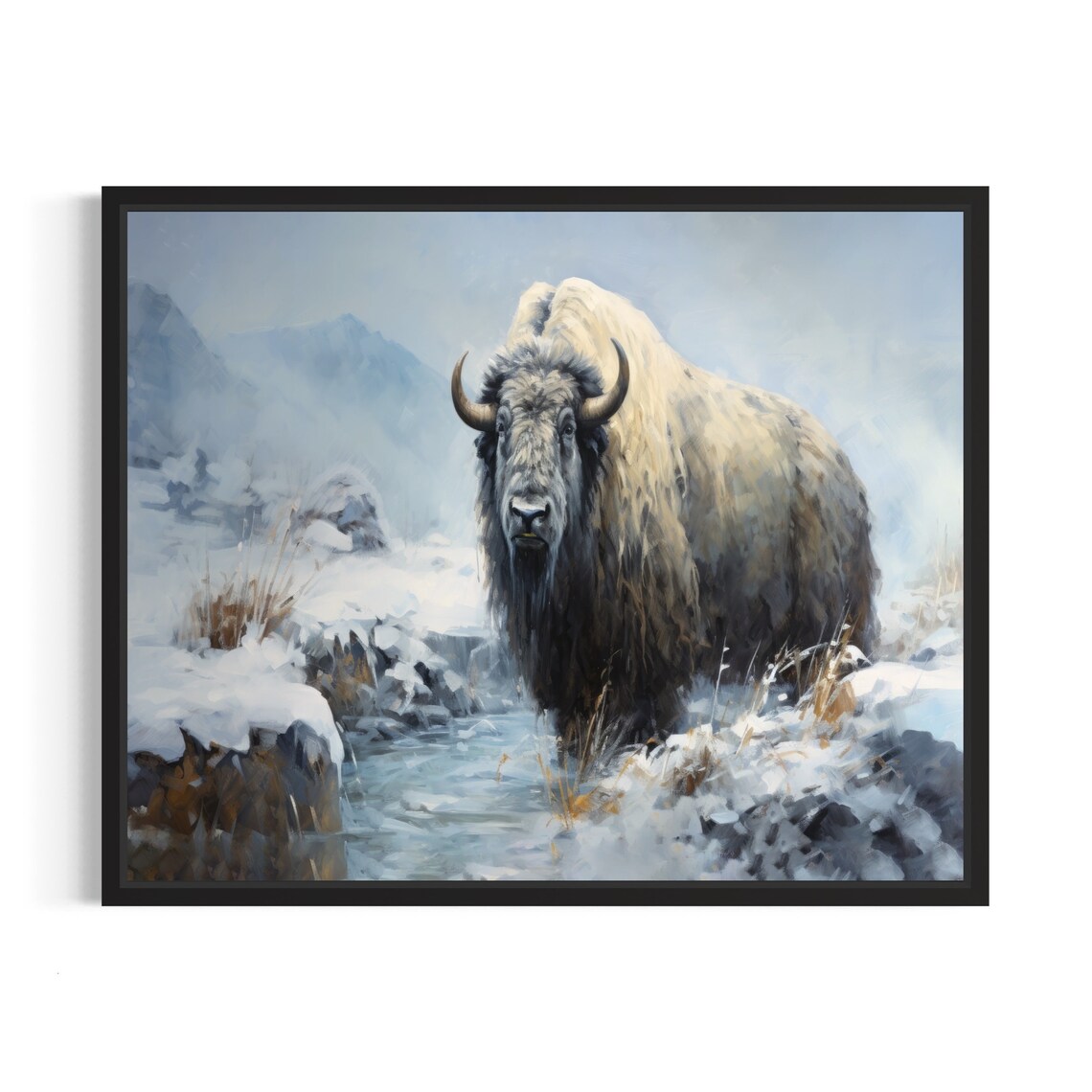 Arctic Muskox Standing in Snowy Winter Landscape Painting Poster