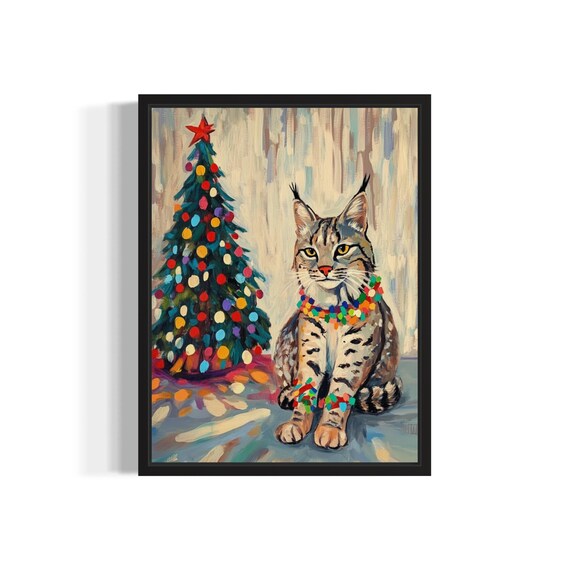 Bobcat Tangled In Christmas Lights Holiday Tree Poster Artwork