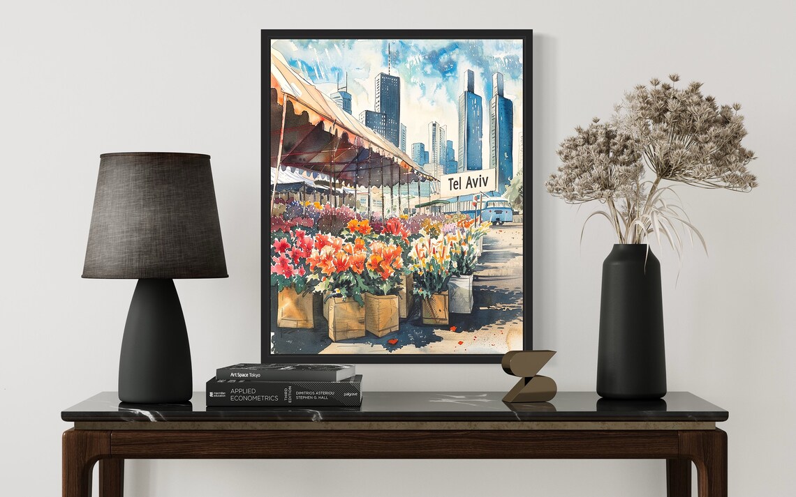 Tel Aviv Israel Skyline Watercolor Flower Market Scene Poster - Image 2