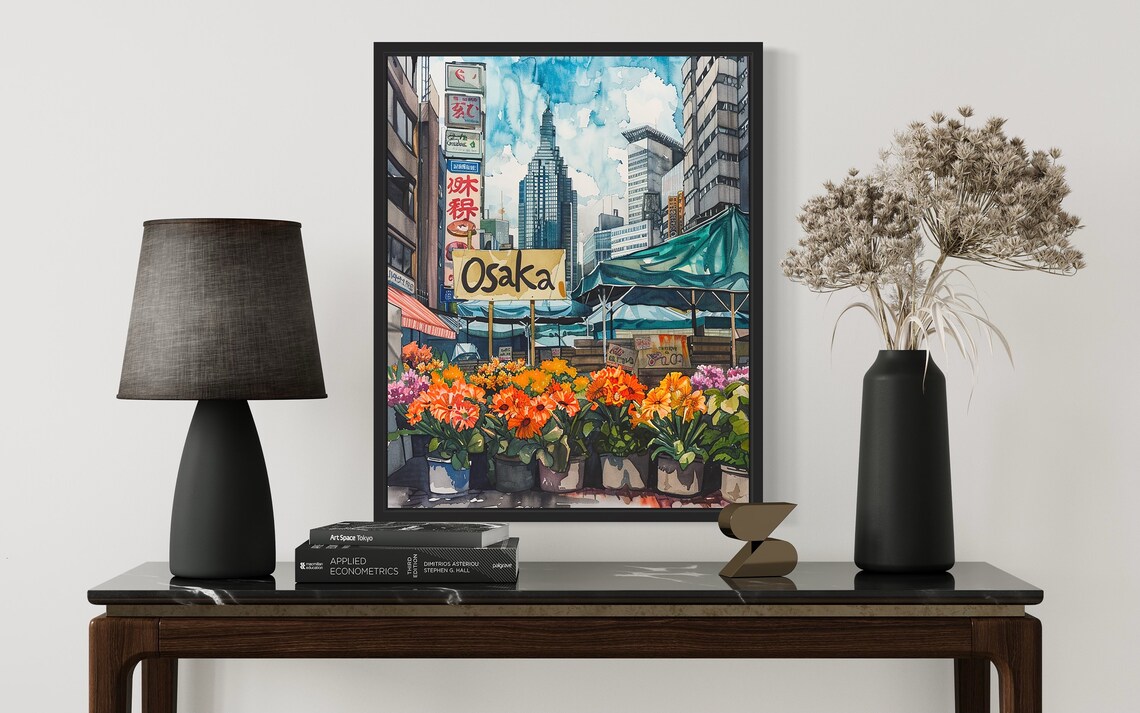 Osaka Japan Bright Street Watercolor Flower Market Scene Poster - Image 2