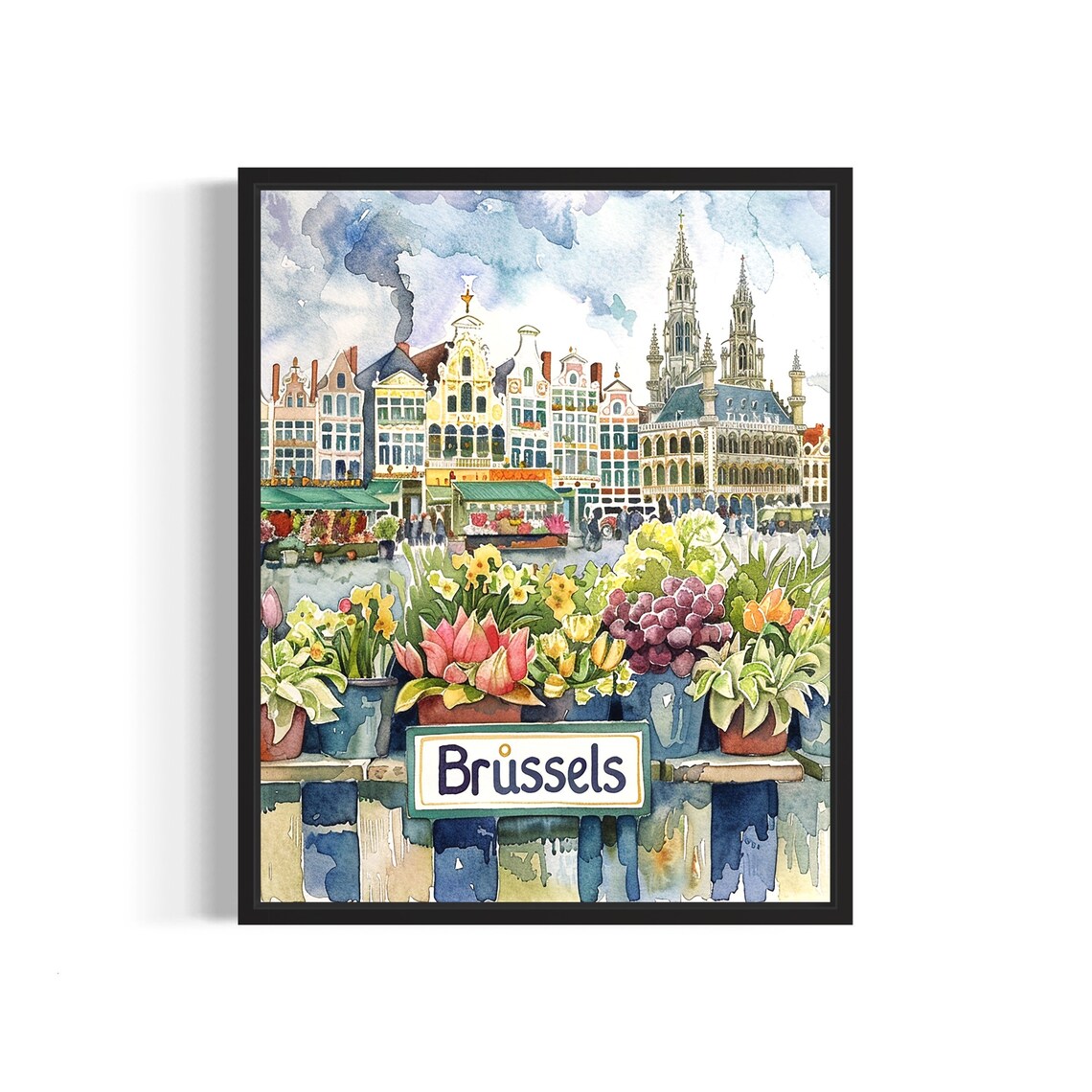 Brussels Flower Market Watercolor Poster Grand Place Architecture