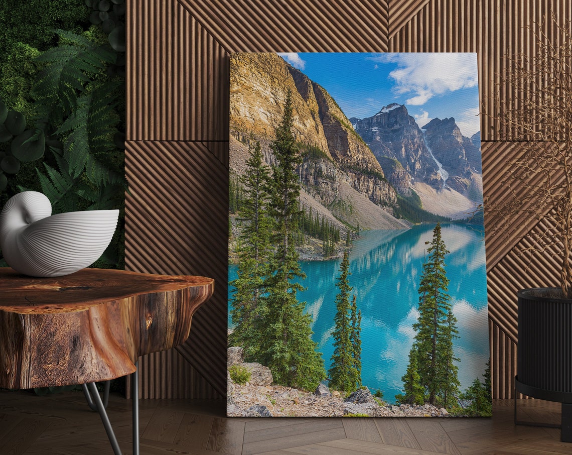 Moraine Lake Shoreline Poster Banff Canada Pines Turquoise Water Vista