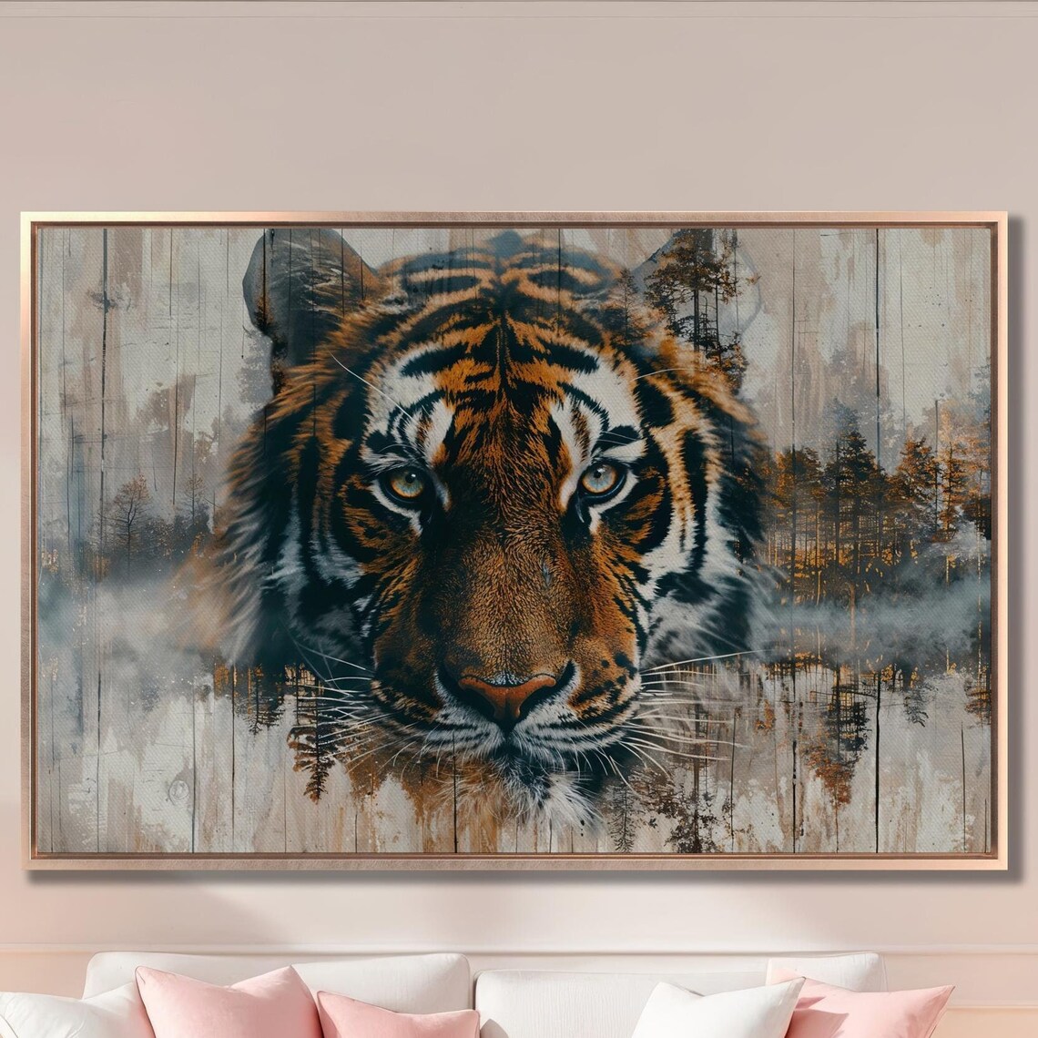 Majestic Tiger Face Double Exposure Watercolor Forest Painting Poster