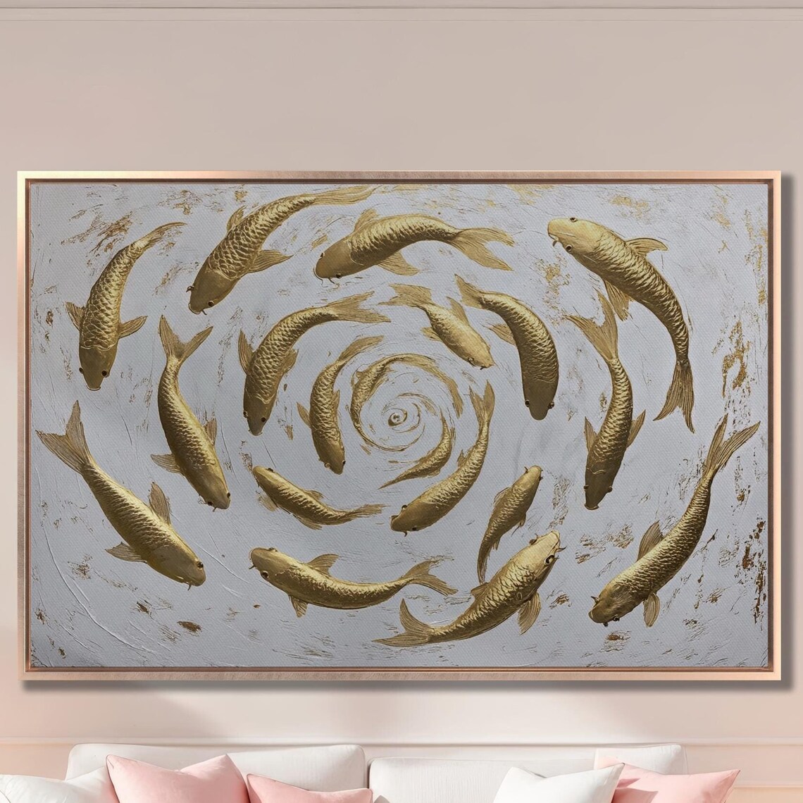 Golden Koi Fish Swimming In A Circular School Painting Poster
