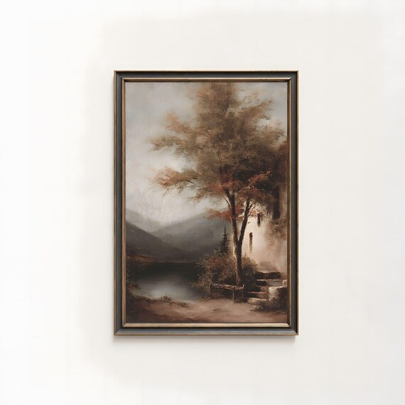 Rustic Lake House Oil Painting Print Vintage Cottage Landscape Art 235