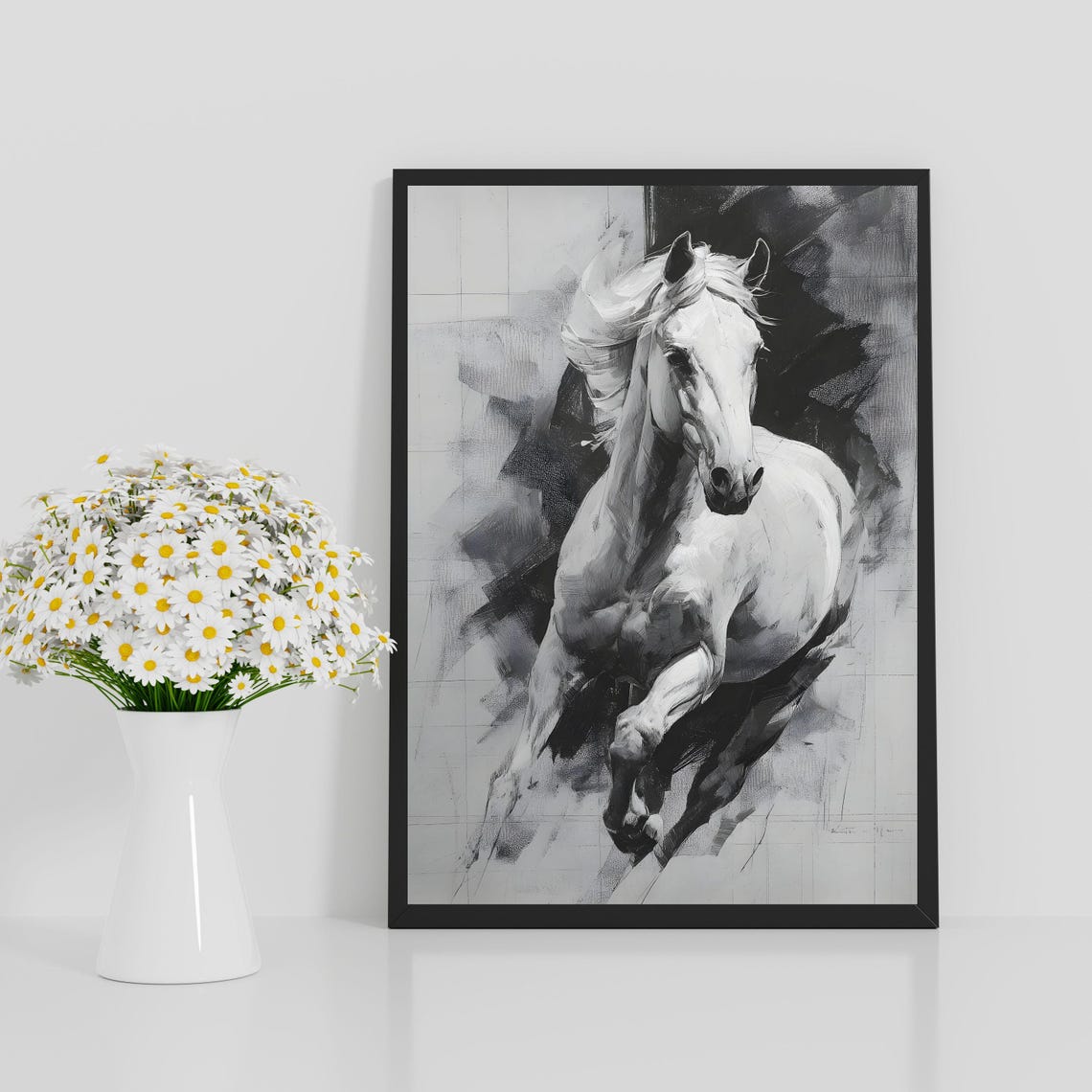 Galloping White Horse Dynamic Charcoal Sketch Minimalist Art Poster