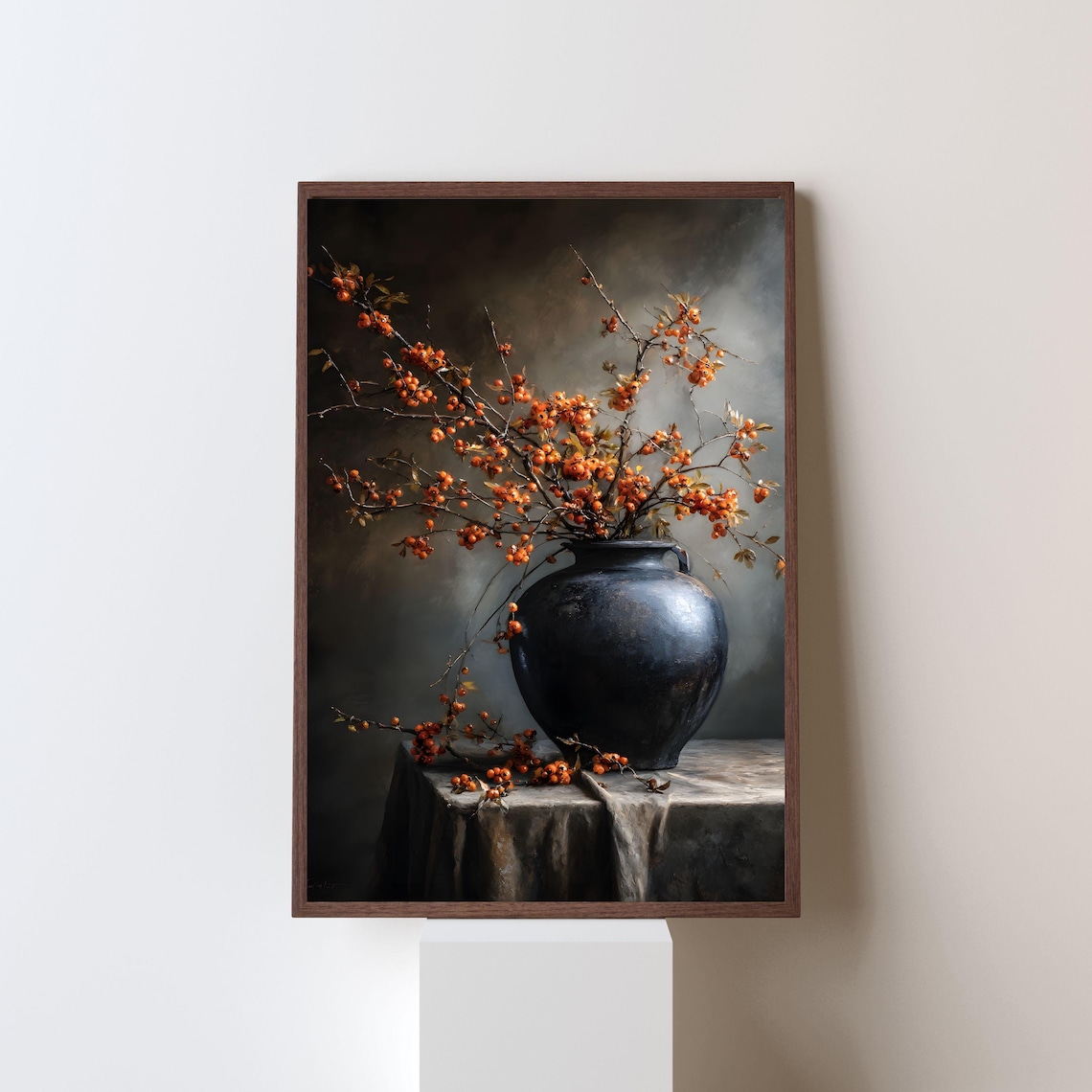 Bittersweet Berries in Dark Vase Moody Autumn Still Life Painting Poster