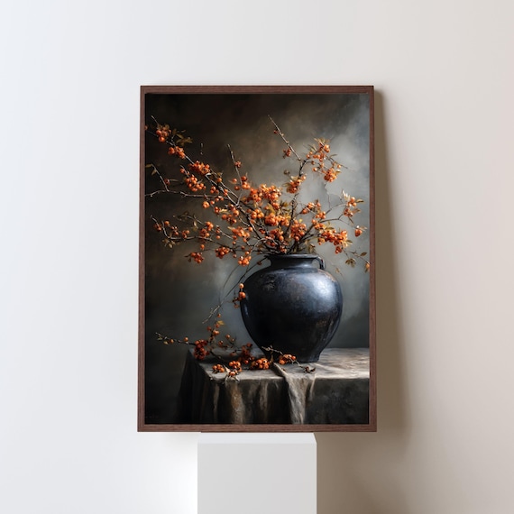 Bittersweet Berries in Dark Vase Moody Autumn Still Life Painting Poster