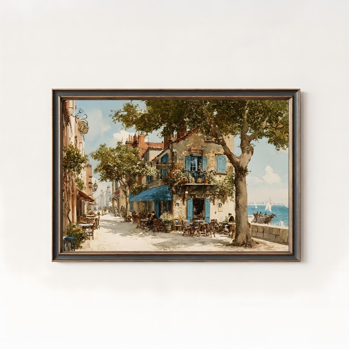 Seaside Cafe Coastal Street Vintage European Oil Painting Art Poster