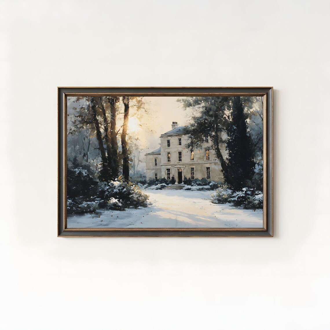 Vintage Winter Manor House Snowy Estate Oil Painting Print Art
