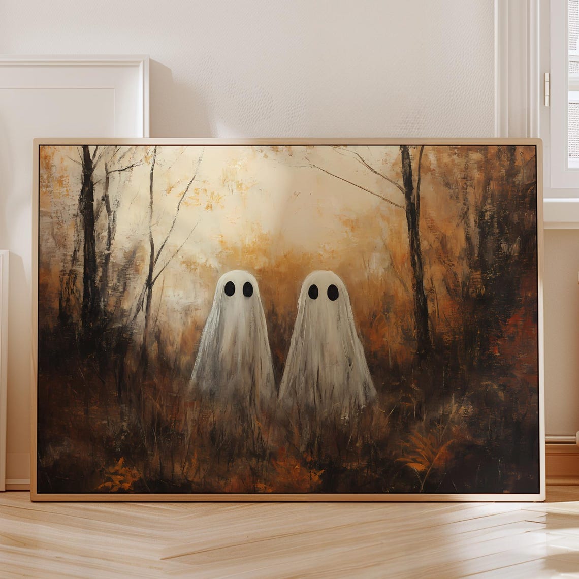 Two Cute Little Ghosts in Golden Autumn Forest Spooky Fall Poster
