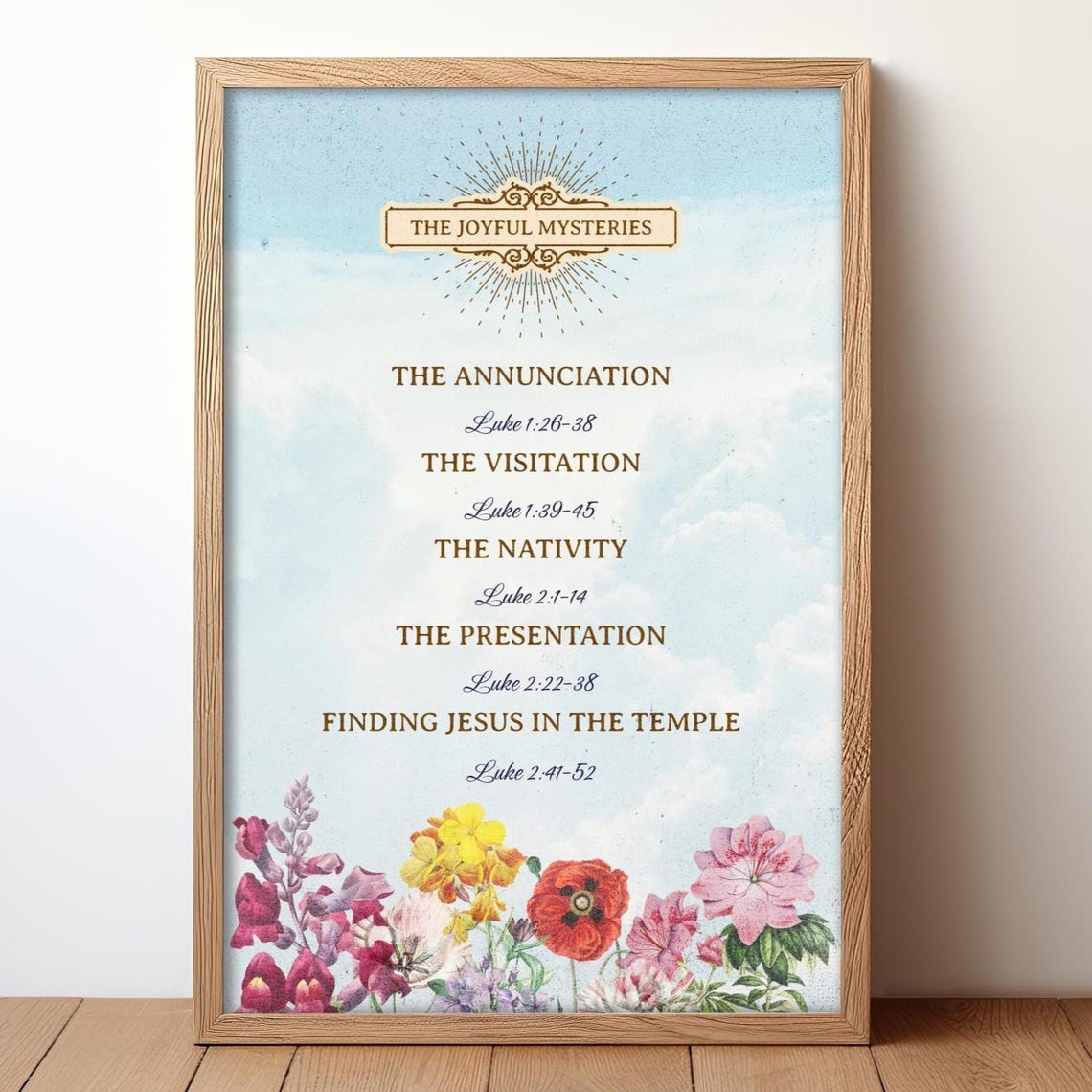The Joyful Mysteries Rosary Catholic Prayer Scripture Floral Poster