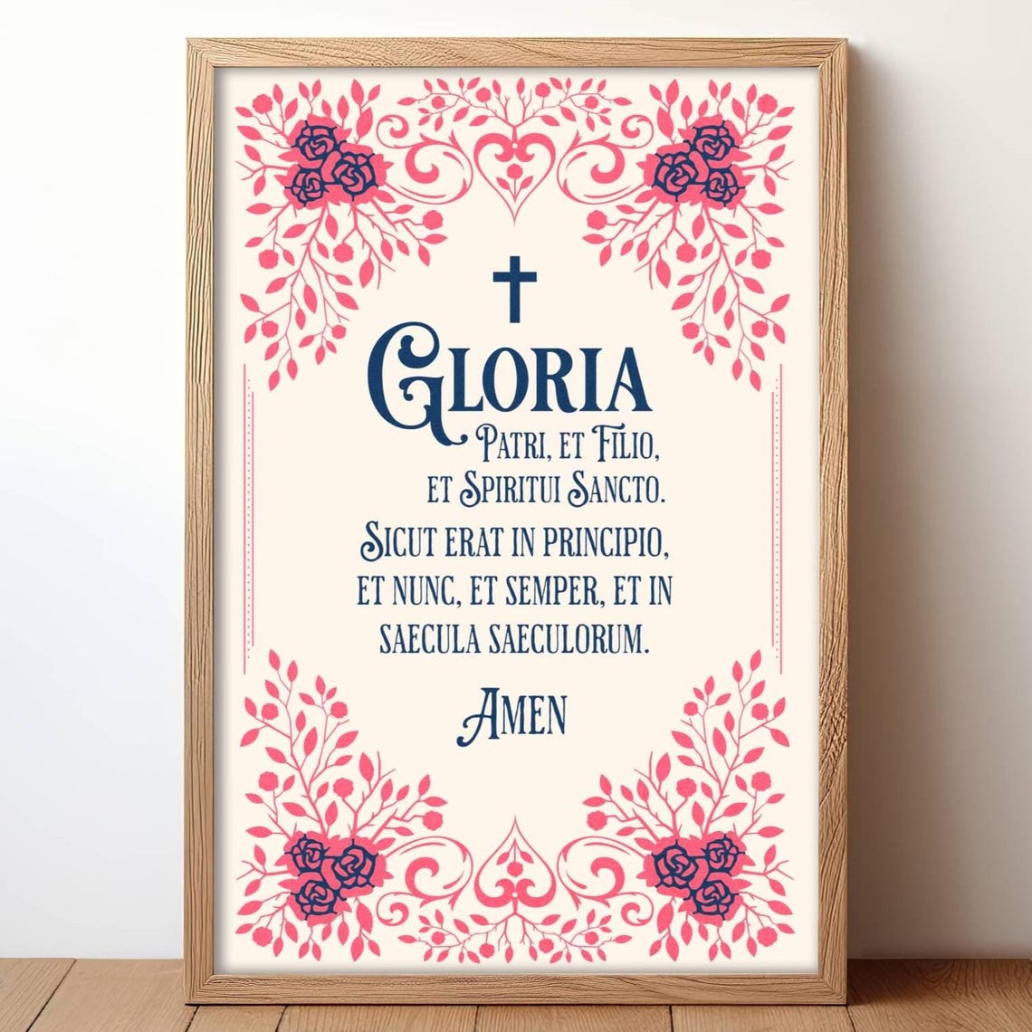 Gloria Latin Prayer Catholic Cross Pink Roses Vintage Wall Art