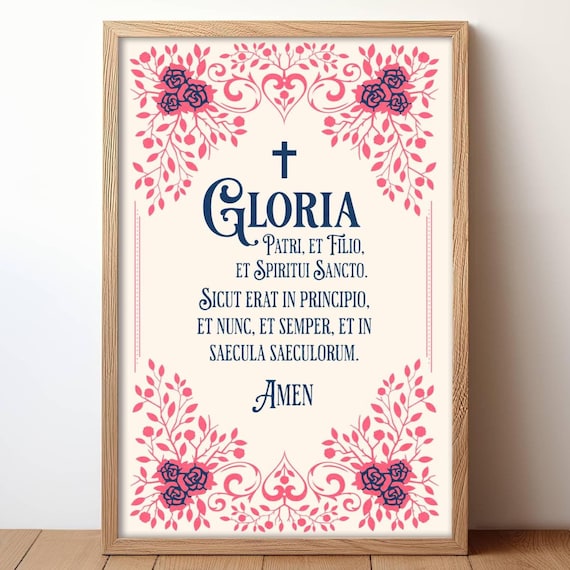 Gloria Latin Prayer Catholic Cross Pink Roses Vintage Wall Art